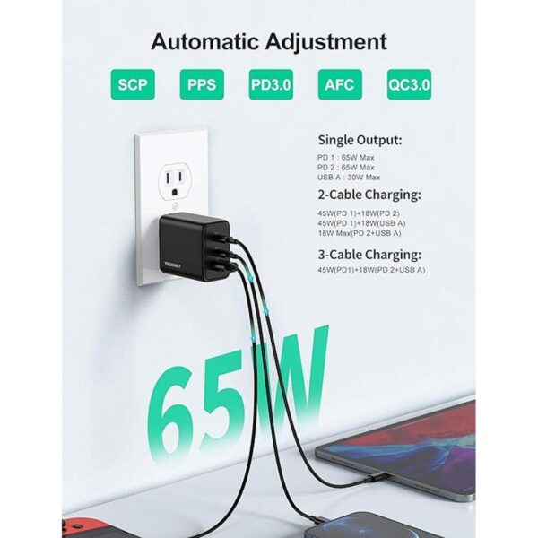 Cargador USB C TECKNET de 65 W PD 3.0 GaN cargador tipo C_4