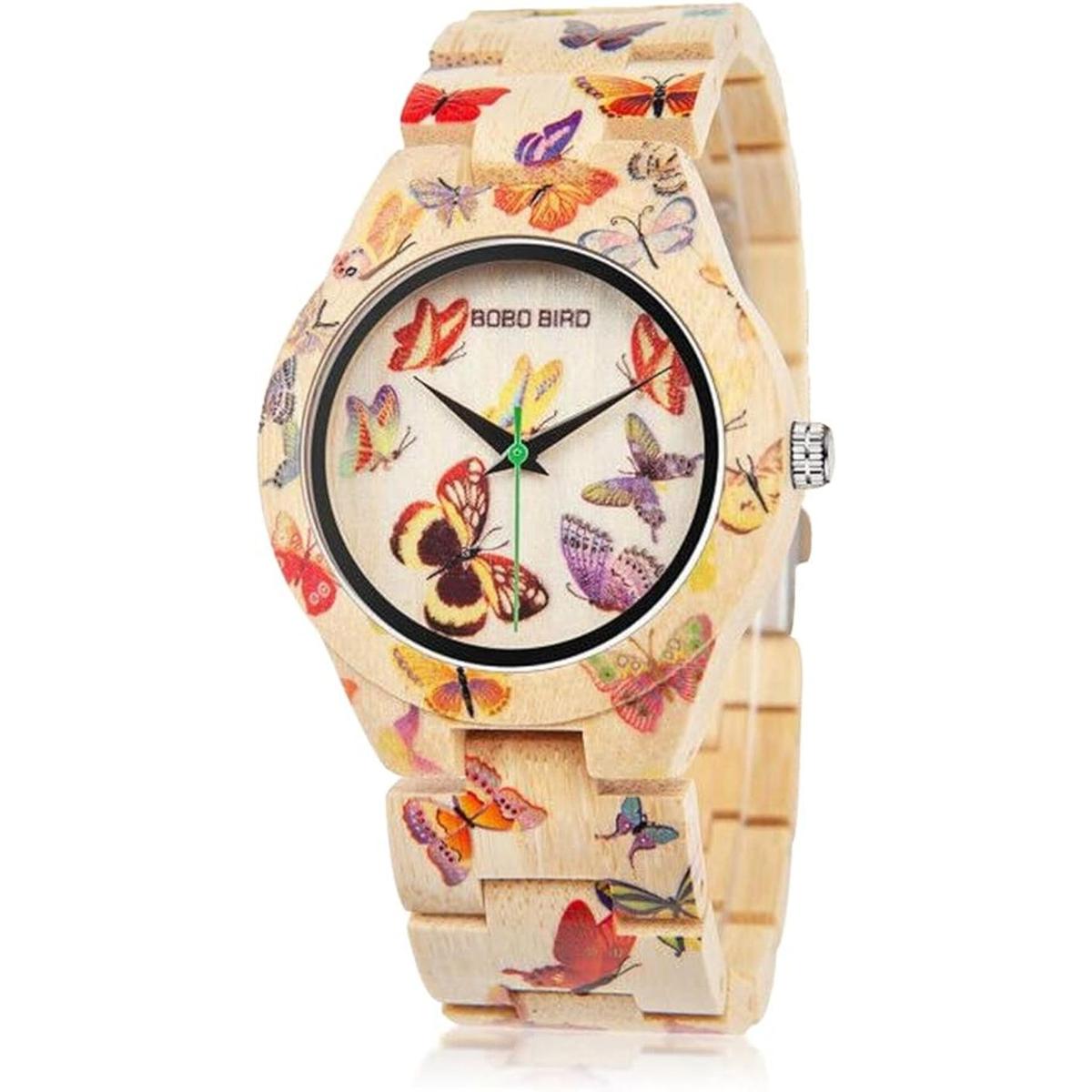 BOBO BIRD Reloj de bambú para mujer con grabado de