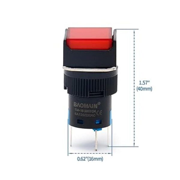 Baomain 16 mm Interruptor Pulsador Latching cuadrado Tapa_2