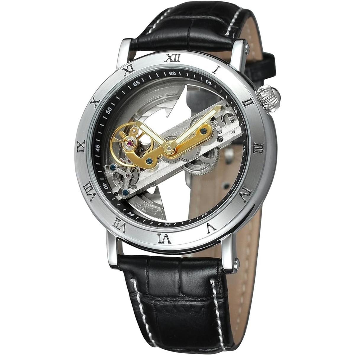 FORSINING Reloj de esqueleto con correa de piel auténtica