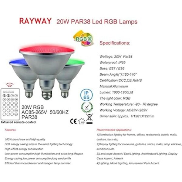 RAYWAY Par38 Bombilla LED RGB luz blanca cálida para