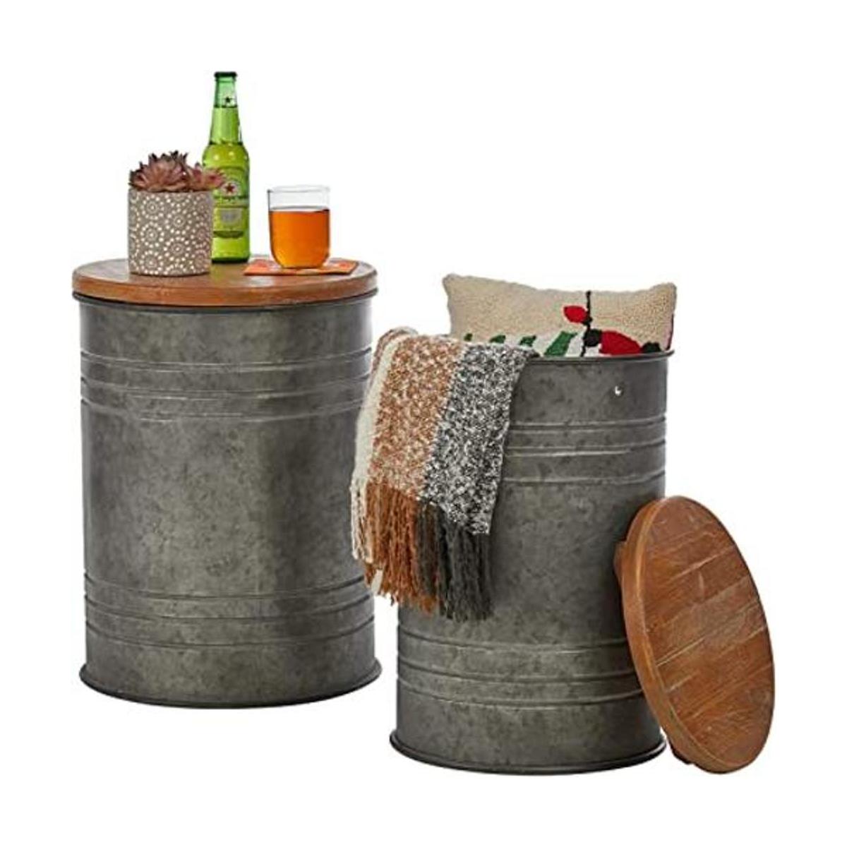Glitzhome Taburete otomano con tapa redonda de madera 2