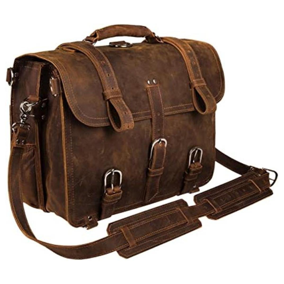 Augus Bolsa de mensajero de cuero para hombres maletín de
