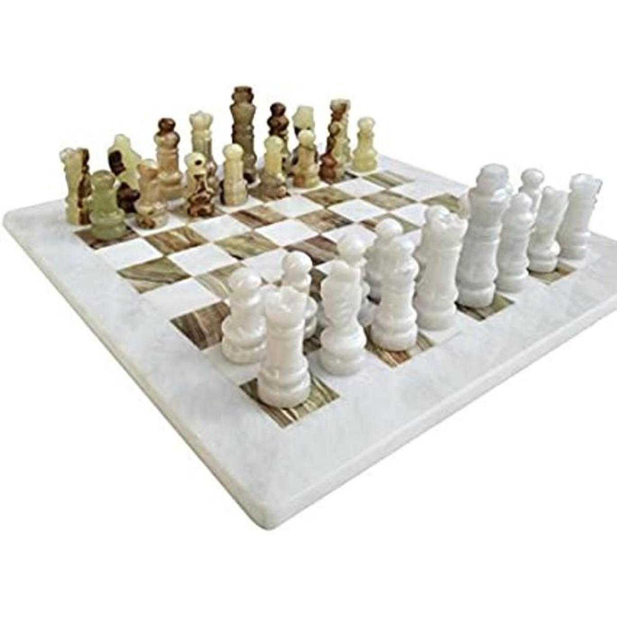 Juego de mesa de ajedrez de mármol de ónix blanco y verde