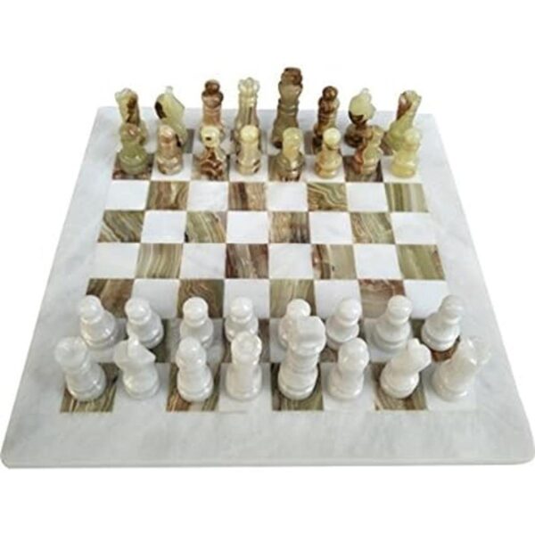 Juego de mesa de ajedrez de mármol de ónix blanco y verde_3