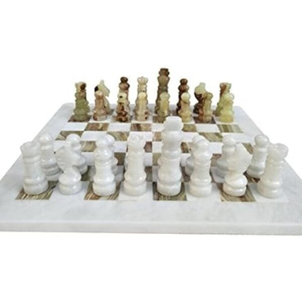 Juego de mesa de ajedrez de mármol de ónix blanco y verde_2