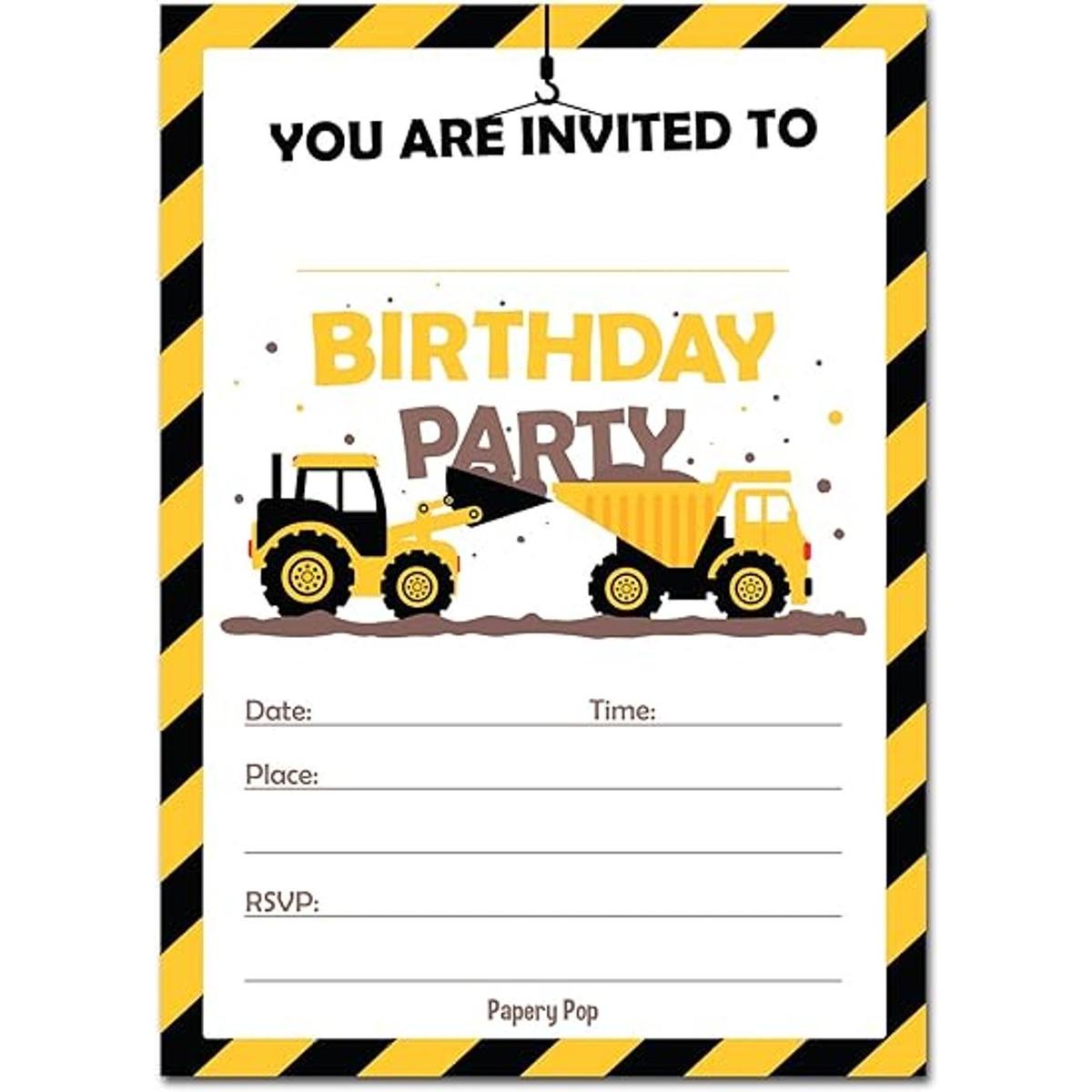 Construcción camiones invitaciones de cumpleaños con