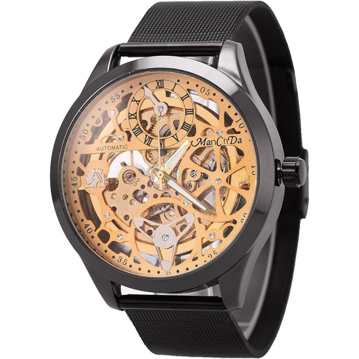 ManChDa Reloj mecánico esqueleto para hombre con correa de