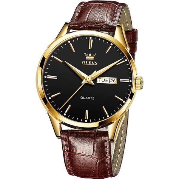 OLEVS Watches for Men Brown Leather Gold Case Analog_1
