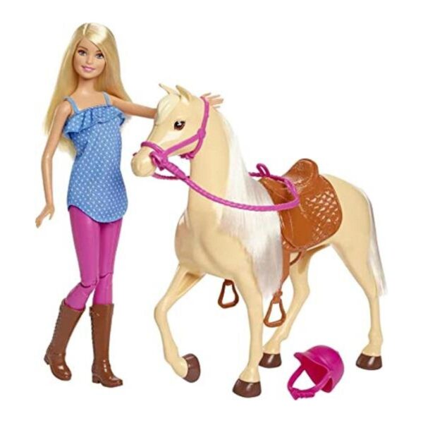 Barbie Muñeca rubia con casco y caballo marrón claro con_1
