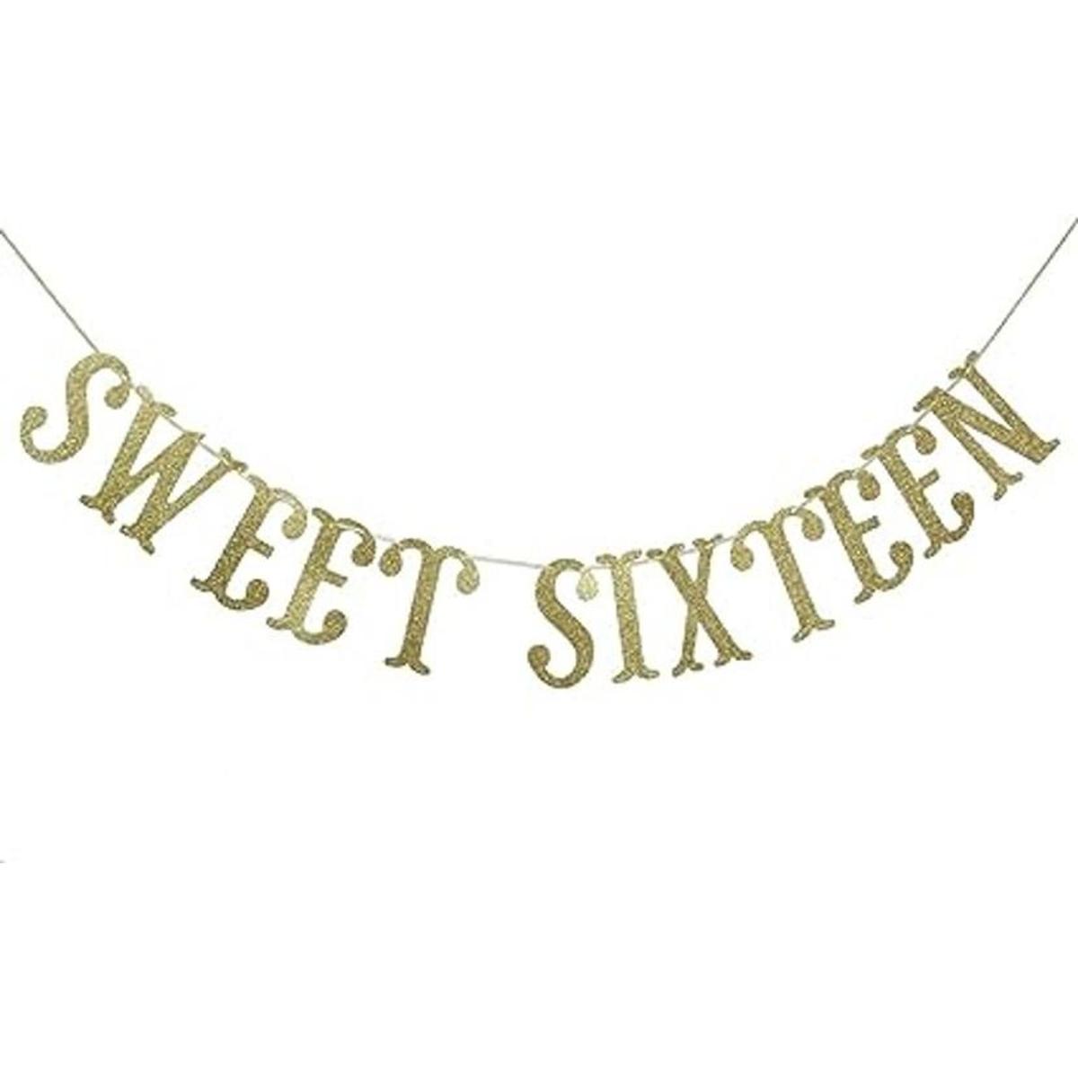 Sweet Sixteen Banner de cumpleaños con purpurina dorada