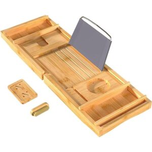 Bandeja organizadora ajustable de bambú para bañera con_1