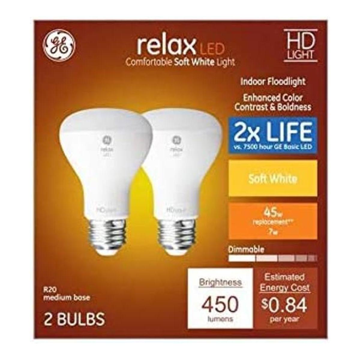 GE Relax Paquete de 2 bombillas LED R20 de 45 W