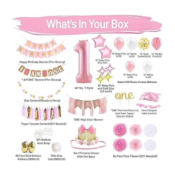 Decoraciones de primer cumpleaños para niña con corona de