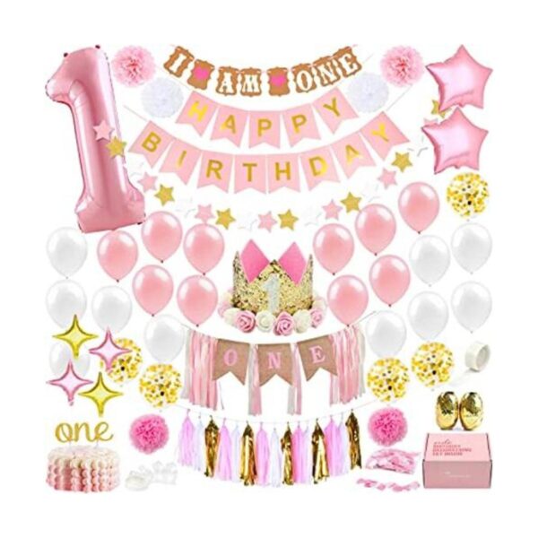 Decoraciones de primer cumpleaños para niña con corona de