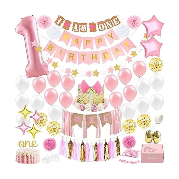 Decoraciones de primer cumpleaños para niña con corona de