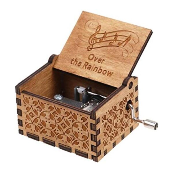 Caja de música de madera con manivela de mano y arco iris_1