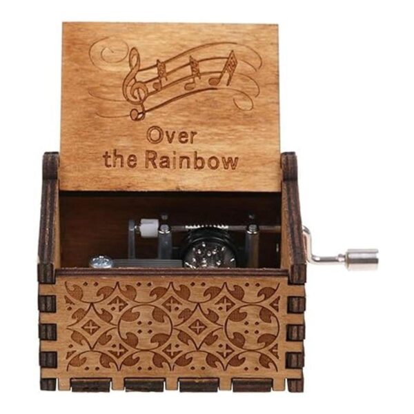 Caja de música de madera con manivela de mano y arco iris_2