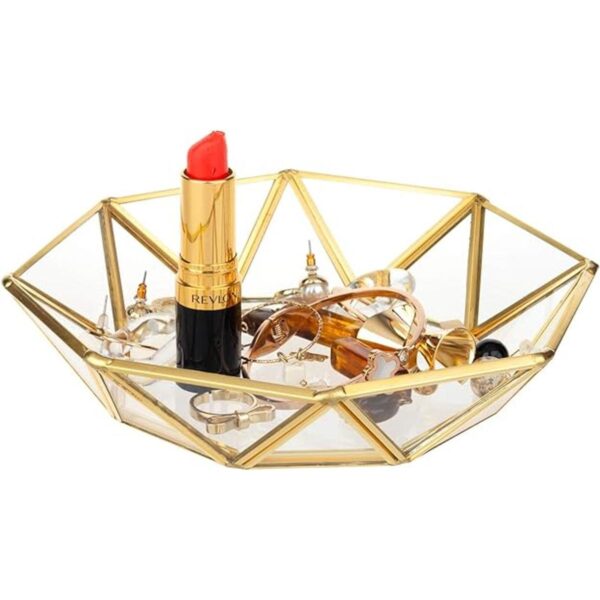 Feyarl Bandeja de cristal transparente dorado para joyas