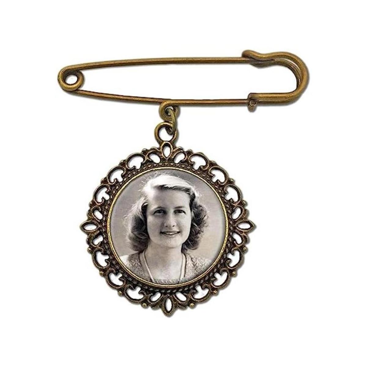 Boda Boutonniere bronce oro ramo foto Memorial Charm Pin