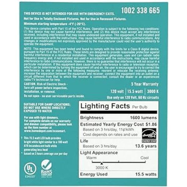Paquete de 8 bombillas LED EcoSmart regulables de 100 W_3