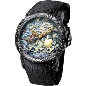 Big Dial Relojes de moda hombres 3D grabado dragón cuarzo