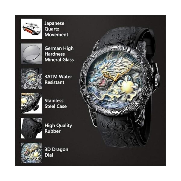 Big Dial Relojes de moda hombres 3D grabado dragón cuarzo