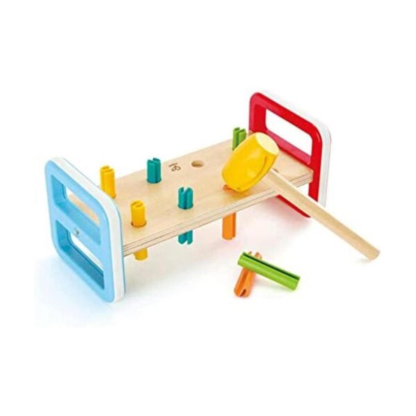 Hape Rainbow Pounder Banco de madera con martillo azul_1