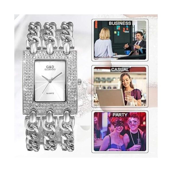 Reloj de pulsera con diamantes de imitación plateados y_4