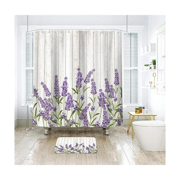 Riyidecor Cortina de ducha de madera lavanda lila flores_2