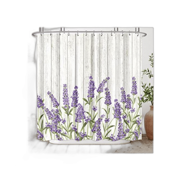 Riyidecor Cortina de ducha de madera lavanda lila flores_1