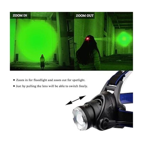 Linterna frontal LED verde impermeable con zoom y 3 modos_4