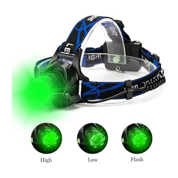 Linterna frontal LED verde impermeable con zoom y 3 modos_2