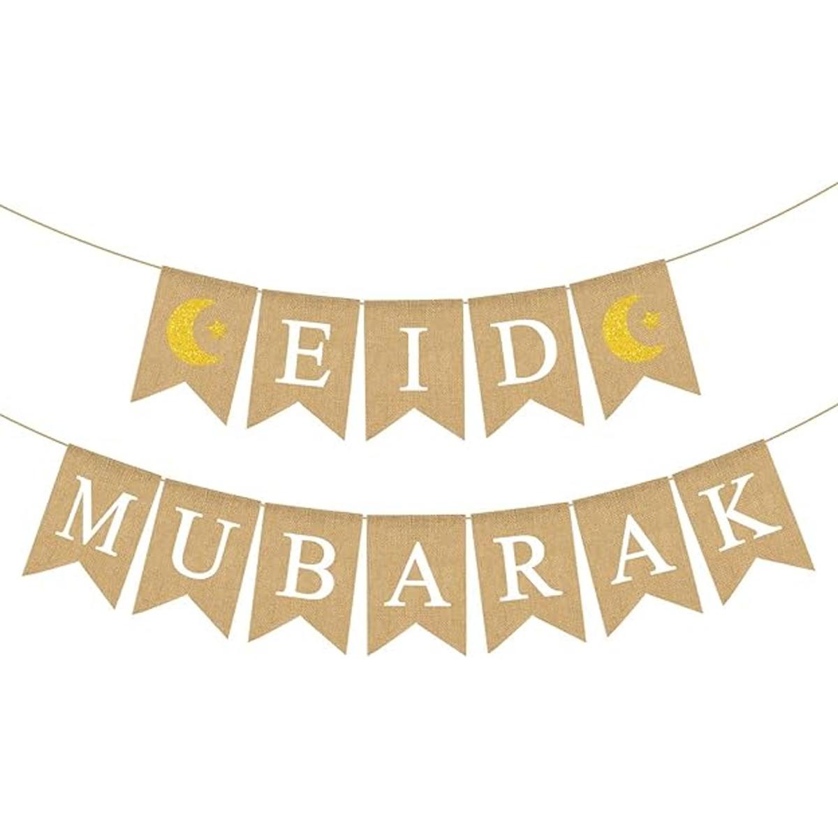 Bandera de yute de Eid Mubarak con luna y estrella Ramadán
