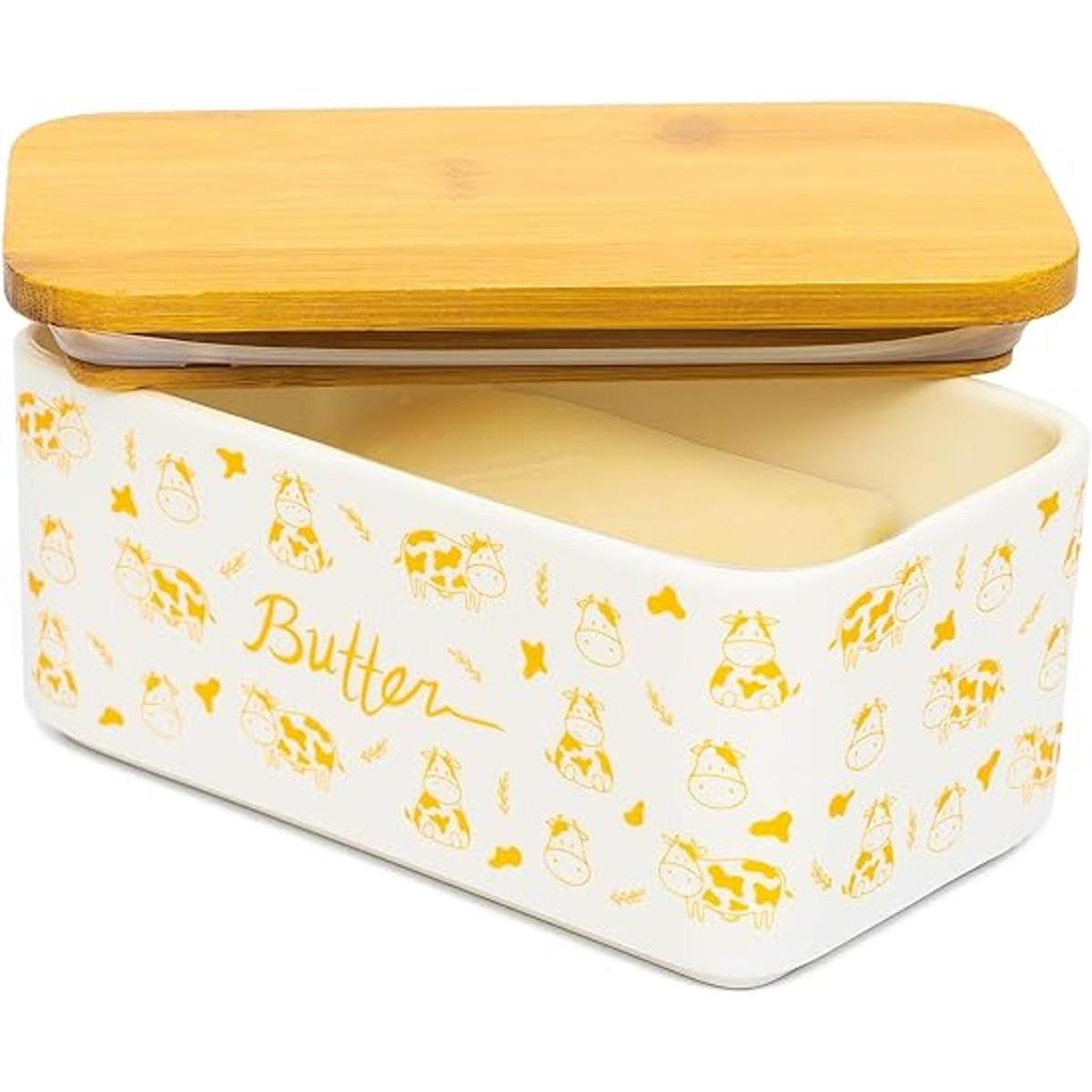 Lumicook Mantequera de porcelana con tapa tapa de bambú