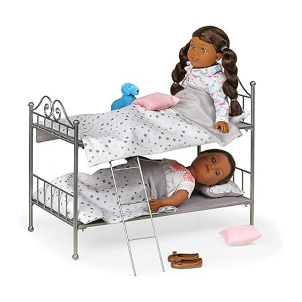 Litera de metal con escalera y ropa de cama se adapta a_3