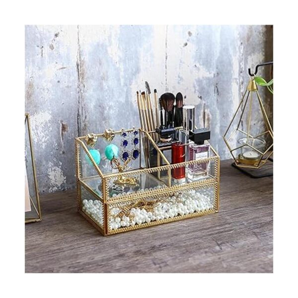 Caja de cristal dorada bandeja de cristal para maquillaje