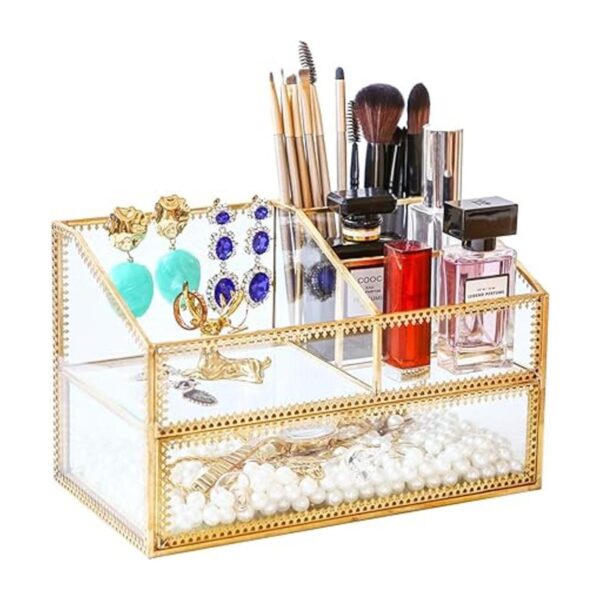 Caja de cristal dorada bandeja de cristal para maquillaje