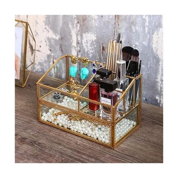 Caja de cristal dorada bandeja de cristal para maquillaje