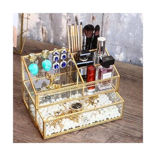 Caja de cristal dorada bandeja de cristal para maquillaje