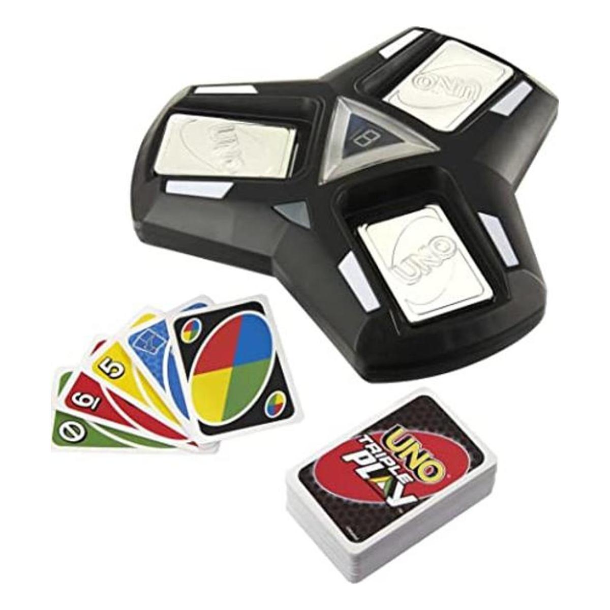 UNO Juego de cartas familiar de triple juego con unidad