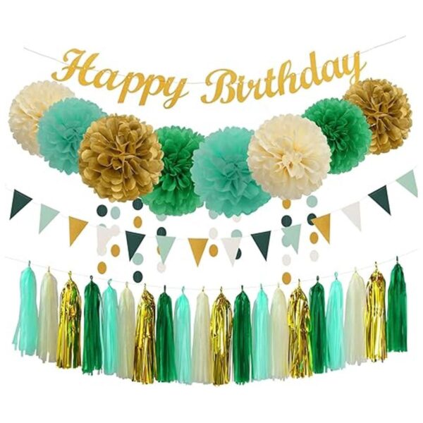 Decoraciones de cumpleaños verde salvia beige y dorado
