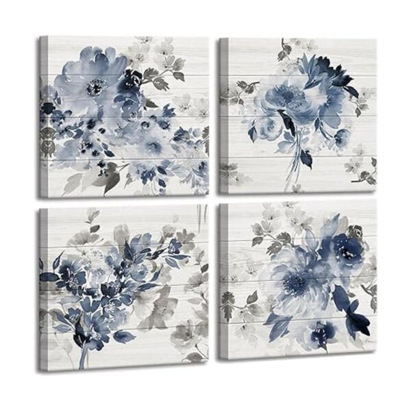 Decoración de baño azul Arte de pared de flores de