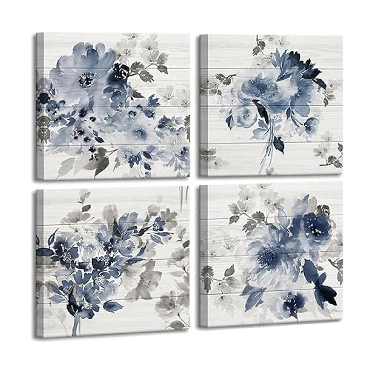 Decoración de baño azul Arte de pared de flores de