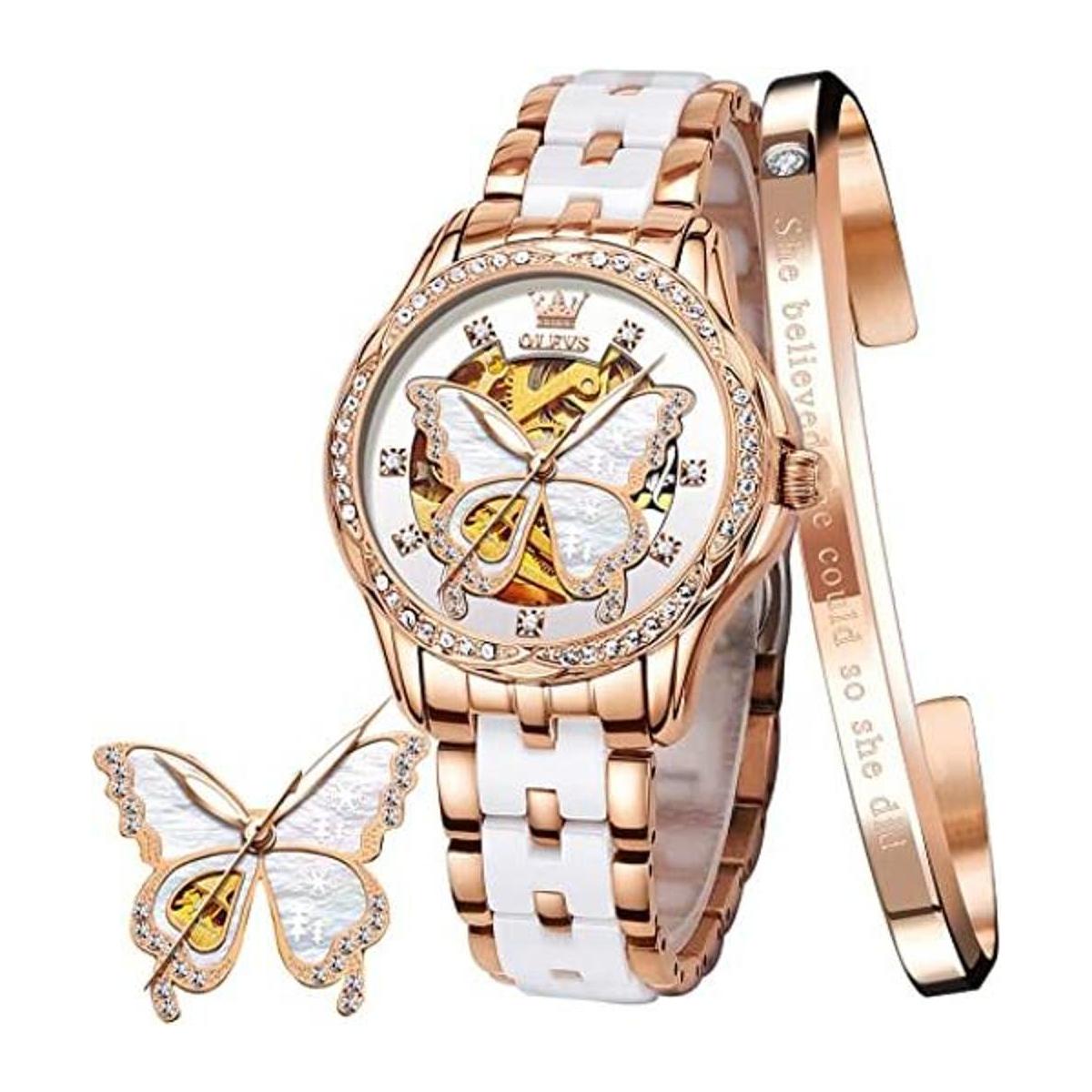 OLEVS Relojes automáticos de oro rosa para mujer diseño