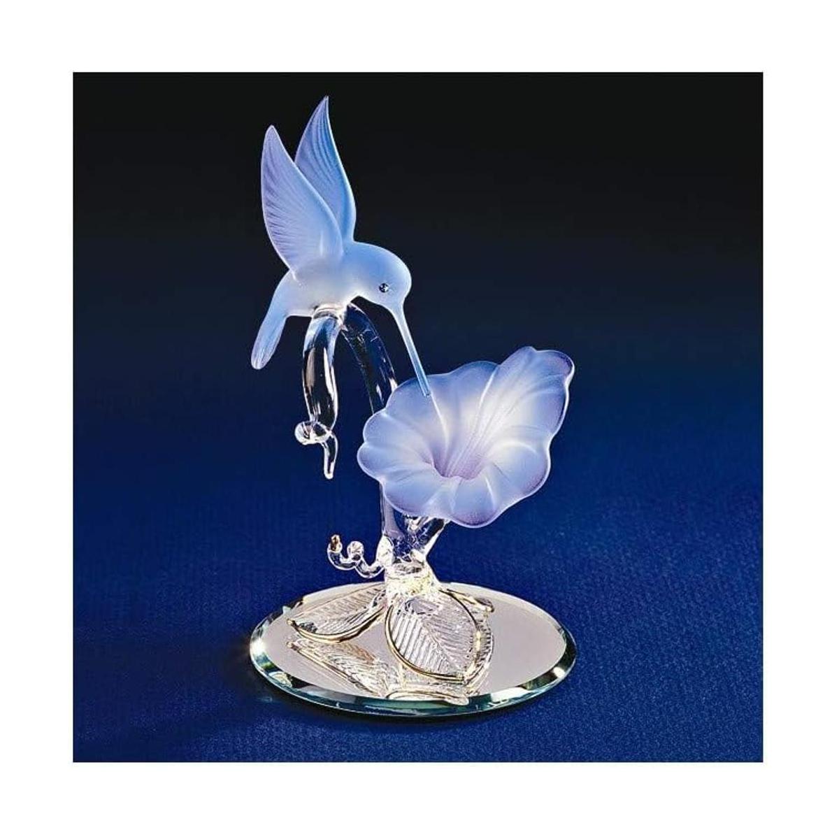 Glass Baron Figura de cristal de colibrí y flor azul