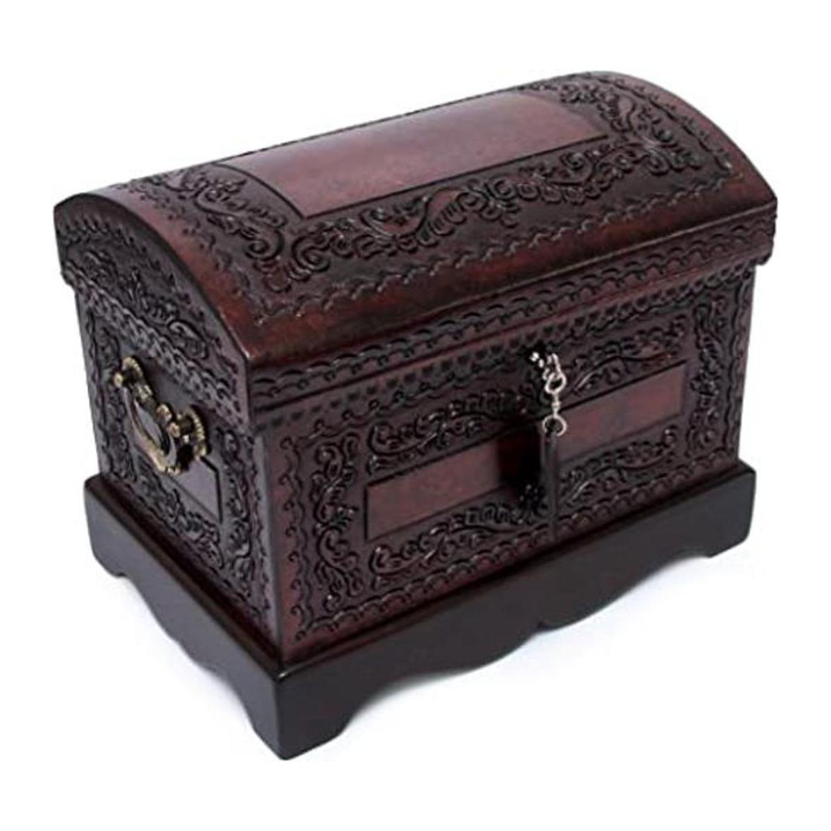 NOVICA Joyero colonial de madera y cuero marrón tesoro