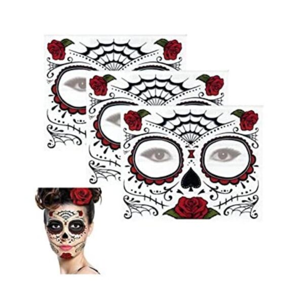 Tatuaje temporal con diseño de rosas y calavera. 3 Kits_1