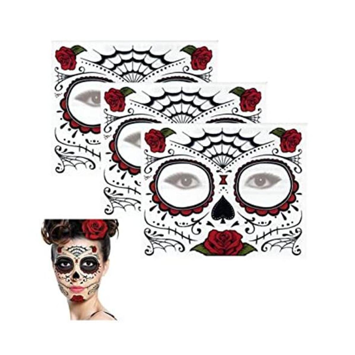 Tatuaje temporal con diseño de rosas y calavera. 3 Kits