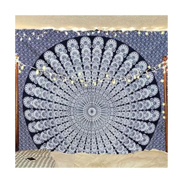 Tapiz hippie indio bohemio psicodélico dorado azul pavo_1